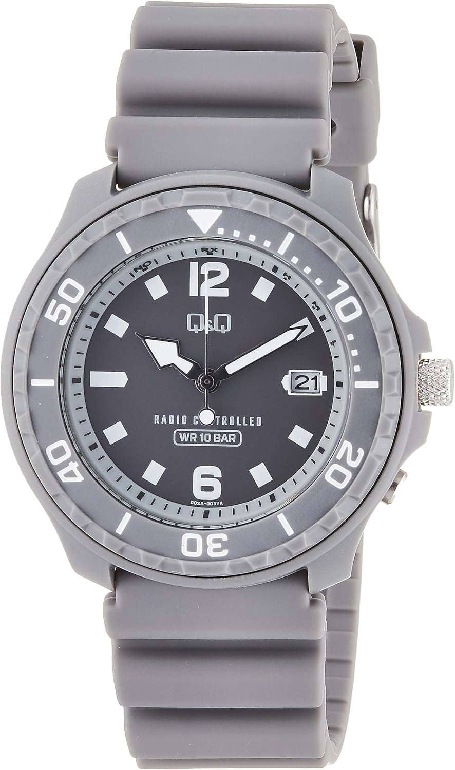Citizen Q&Q D02A-003VK Men's Wristwatch, Analog, Radio, Solar, Waterproof, Date, Urethane Band, Gray, gray, Classic