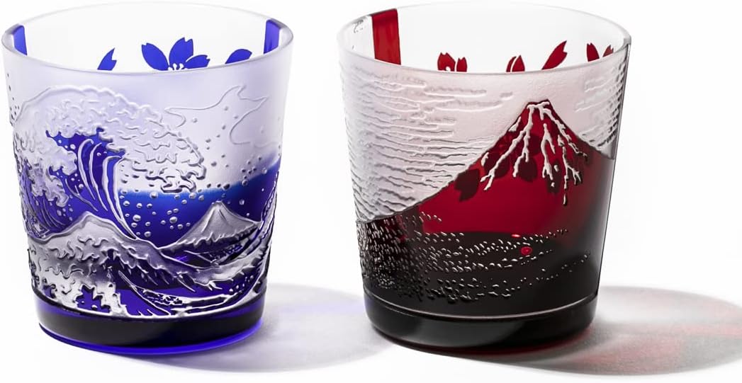 【 Taimura Koubou Official 】 Edo Glass Red Fuji and Nami Fuji with Cherry Blossoms Free Cup Pair (Red, Luri) TB022-204R_206B in Presentation Box, Made in Japan