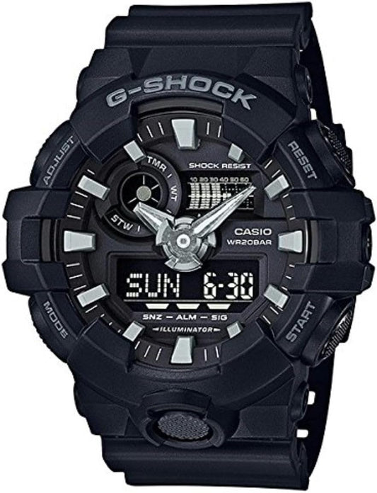Casio G-Shock Analog/Digital All Black Men's Watch 200 Meter Water Resistant Date and Day Display GA-700-1B, Black, Modern