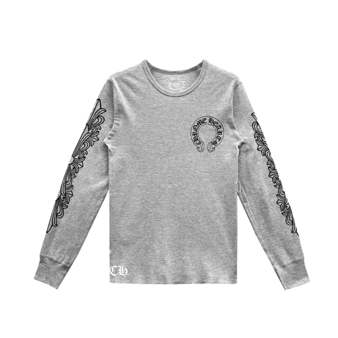 CHROME HEARTS 'HORSESHOE FLORAL SLEEVE' GREY THERMAL LONGSLEEVE SHIRT