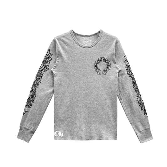 CHROME HEARTS 'HORSESHOE FLORAL SLEEVE' GREY THERMAL LONGSLEEVE SHIRT