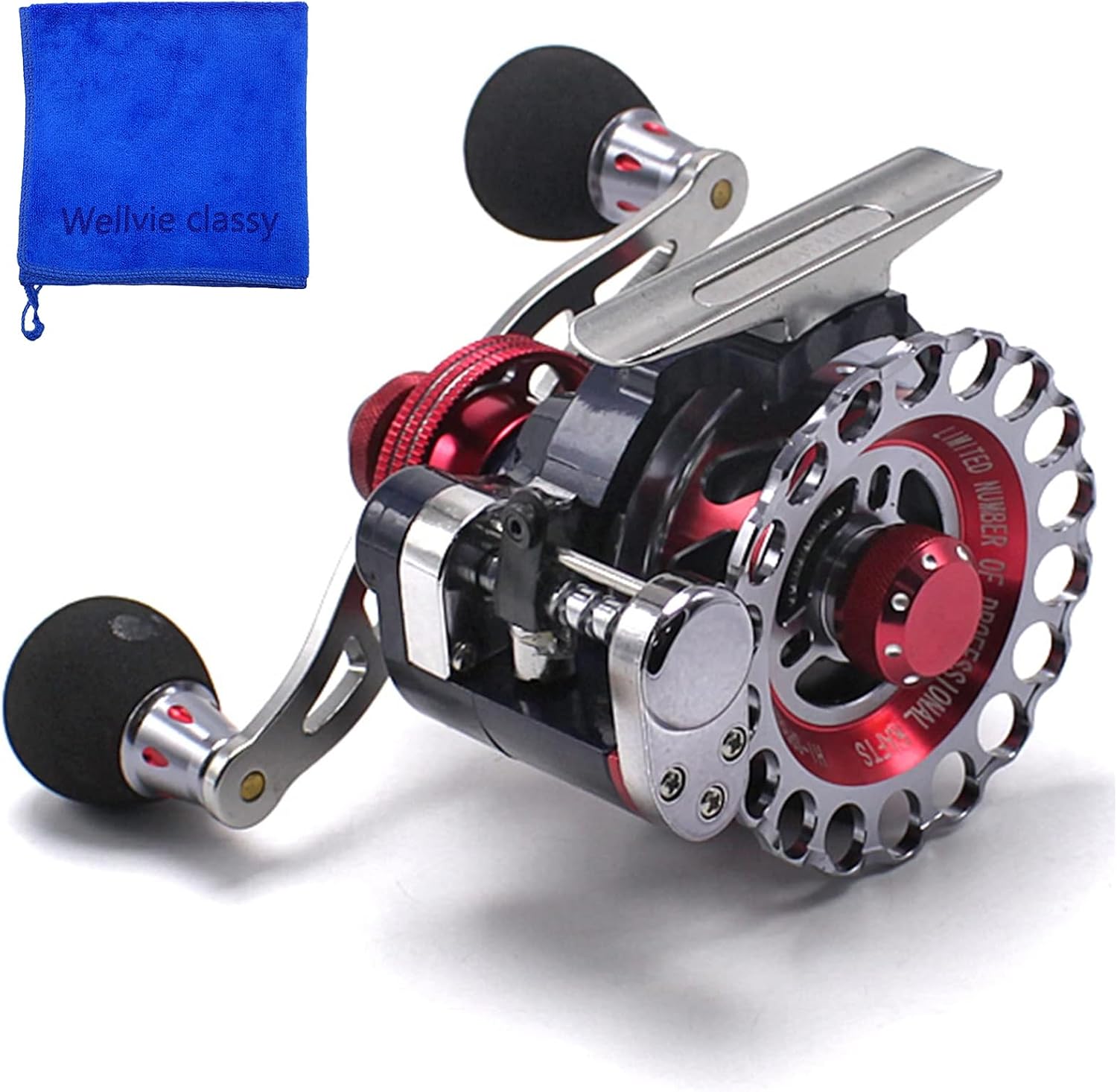 Wellvie Caset Fishing Raft Reel Loofah Fishing Octopus Squid 2.6:1 10BB Drop Single Shaft Reel for Raft Tie Reel with Level Winder (Red)