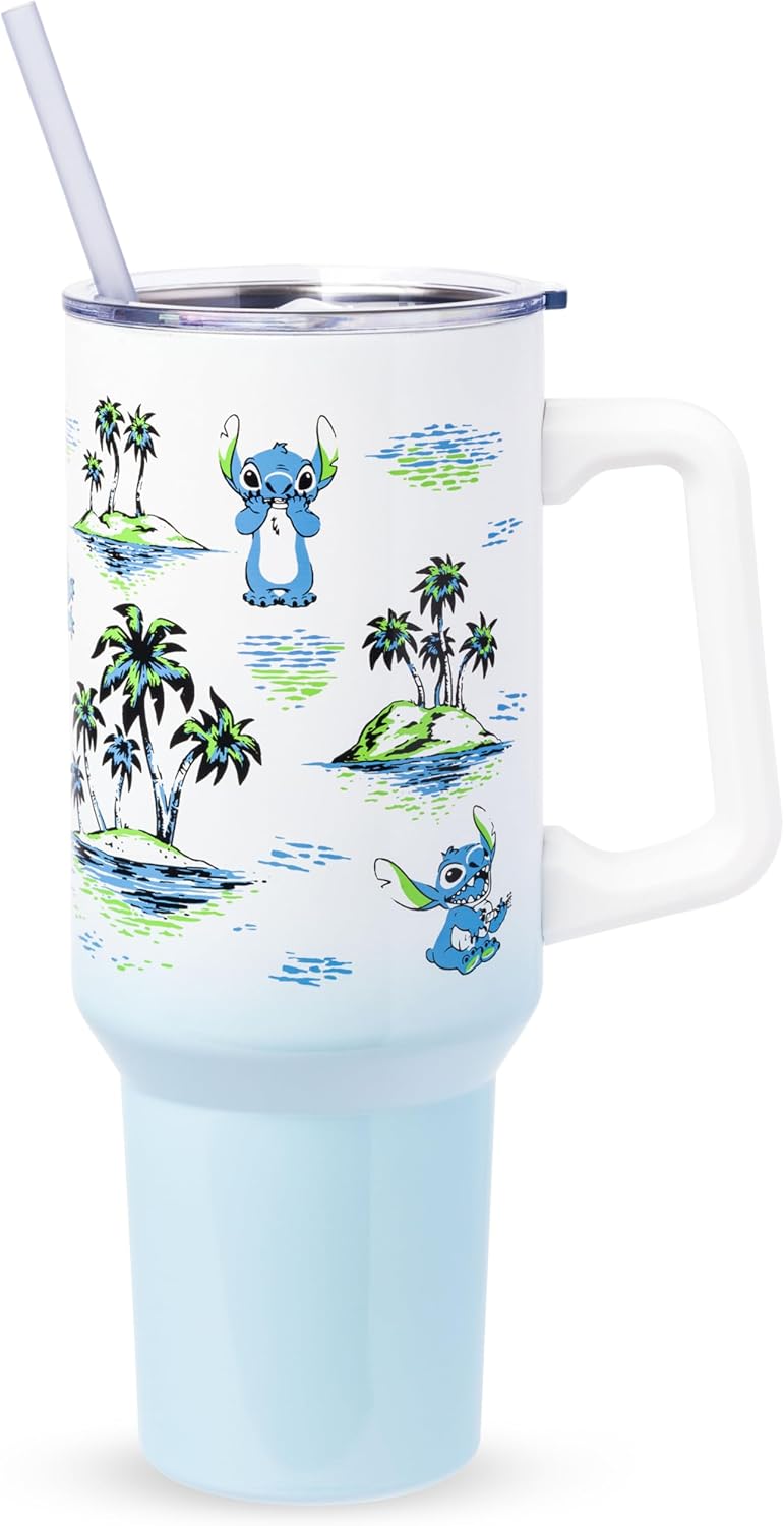 Silver Buffalo Disney Lilo and Stitch - Vaso de acero inoxidable de doble pared con asa y pajilla, diseño vintage, palmeras y flores, se adapta al portavasos estándar, 40 onzas