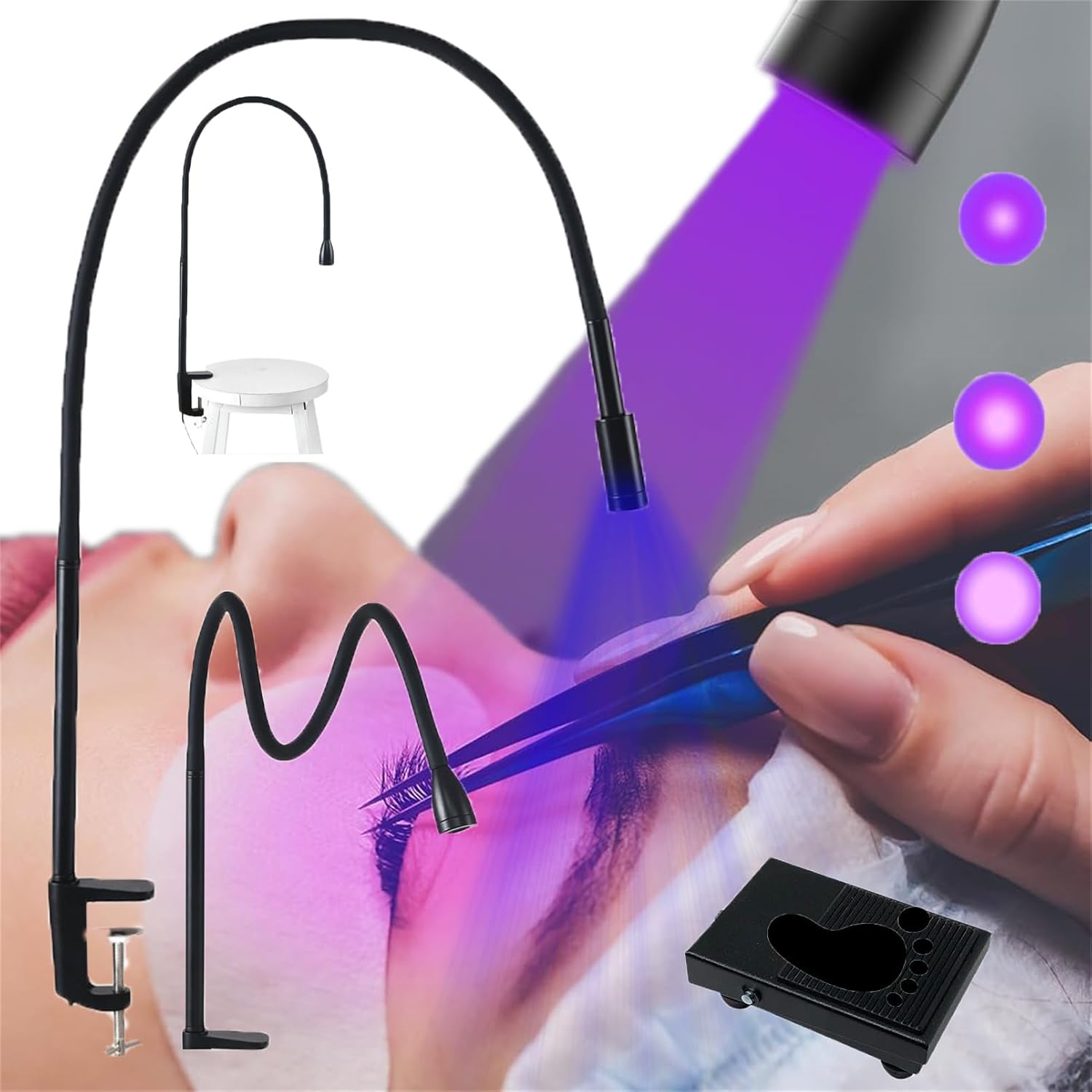 LED Light, Matsueku Dedicated Foot Switch, Allergy Reduction, Eyelash Extension, Speed Up Treatment, LED Glue Curing UV Light, Eyelash Magnification Lamp, UV Light, Eyelash Extension, Glue, Desk UV