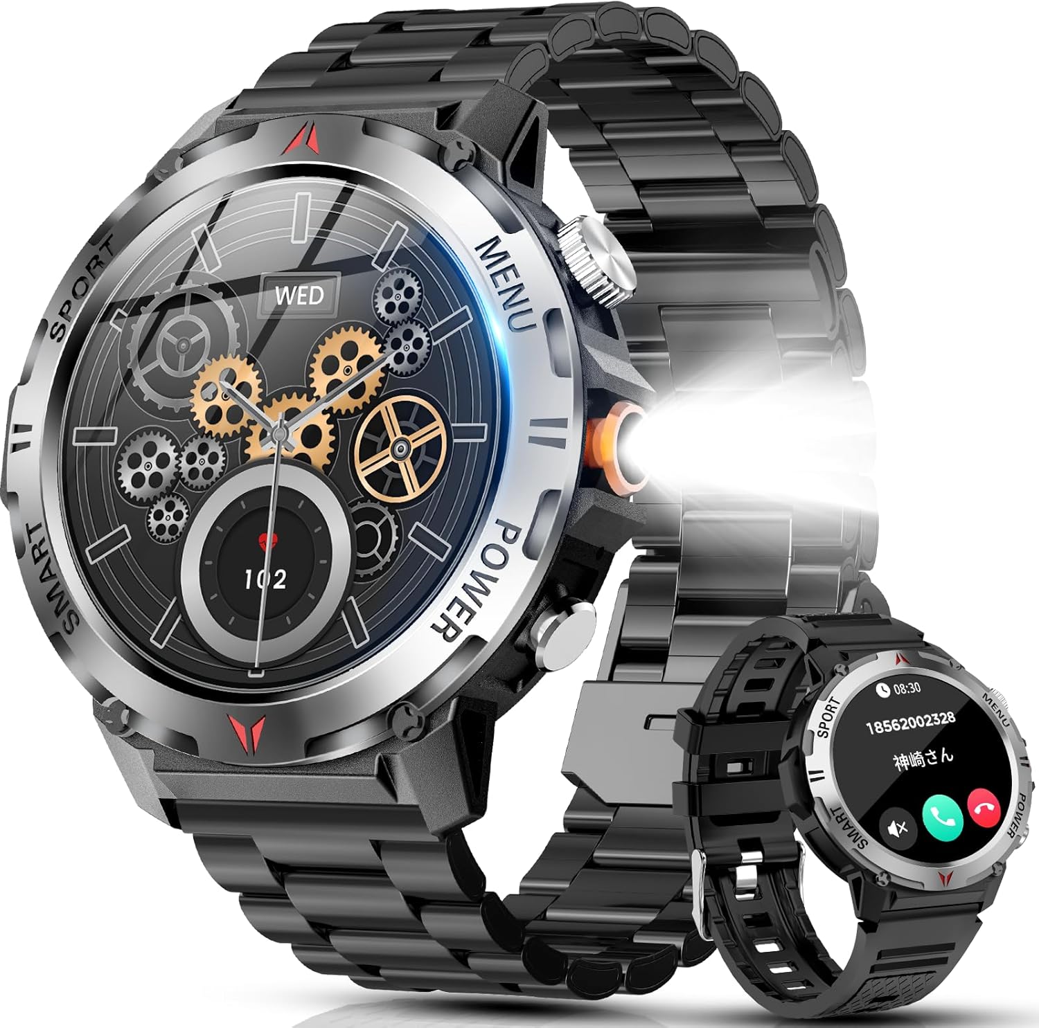 Smart Watch (2025 Improved Version), Military Standards, Flashlight, Bluetooth 5.3 Calls, LINE/Message Notification, Dustproof and Waterproof, 100+ Exercise Modes, GPS Exercise Recording, Sports