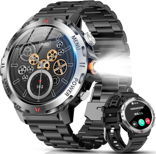Smart Watch (2025 Improved Version), Military Standards, Flashlight, Bluetooth 5.3 Calls, LINE/Message Notification, Dustproof and Waterproof, 100+ Exercise Modes, GPS Exercise Recording, Sports