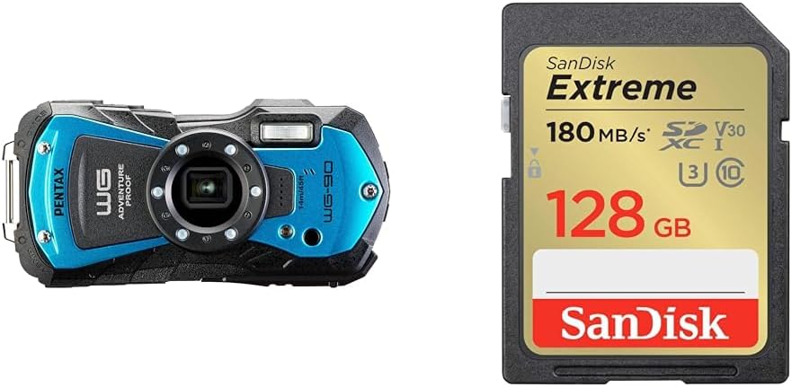 PENTAX WG-90 Blue [SD128GB Set] Genuine Waterproof Digital Camera, 39.8 ft (14 m) Waterproof (2 Hours Continuously), 3.6 ft (1.6 m), Shockproof, Dustproof, Cold Resistant to -10°C, Outdoor Toughness