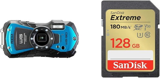 PENTAX WG-90 Blue [SD128GB Set] Genuine Waterproof Digital Camera, 39.8 ft (14 m) Waterproof (2 Hours Continuously), 3.6 ft (1.6 m), Shockproof, Dustproof, Cold Resistant to -10°C, Outdoor Toughness