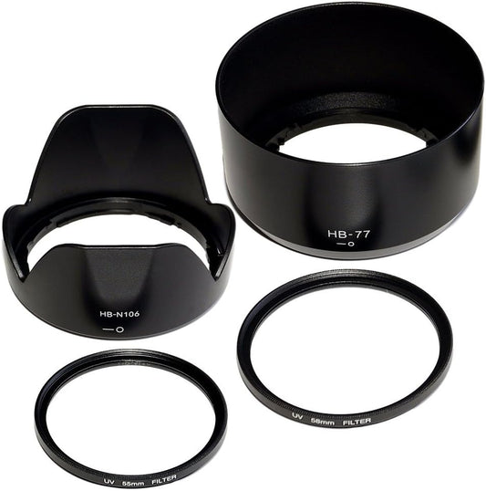 F-Foto Compatible with Nikon Nikon SLR D3400 D3500 D5600 D5300 AF-P Double Zoom Kit / Compatible Hood HB-N106 & HB-77 & Lens Protection Filter (2 Pcs) / Camera Accessories Set of 4 / (HB-N106,77,55,58