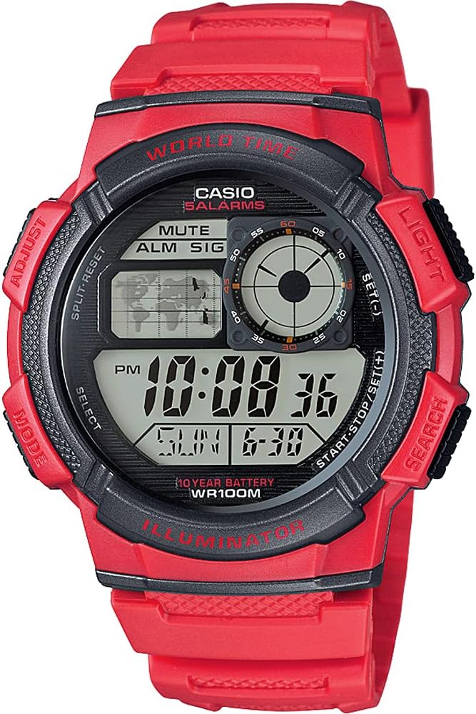 Casio AE-1000W-4AV World Time Digital Men's Watch, Overseas Model, Red, Red (AE-1000W-4AV)