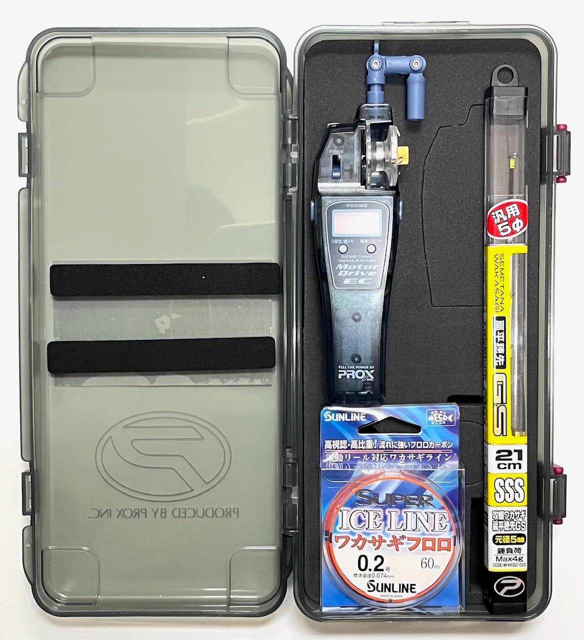 プロックス 攻棚ワカサギモータードライブEC(アイスナイトブルー)+穂先3S(SSS)アクション+PEラインセット 収納ケース付き 10cm刻みデジタルカウンター付 PROX ※乾電池単4x2本別売