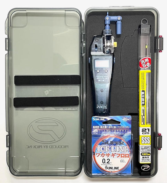 プロックス 攻棚ワカサギモータードライブEC(アイスナイトブルー)+穂先3S(SSS)アクション+PEラインセット 収納ケース付き 10cm刻みデジタルカウンター付 PROX ※乾電池単4x2本別売