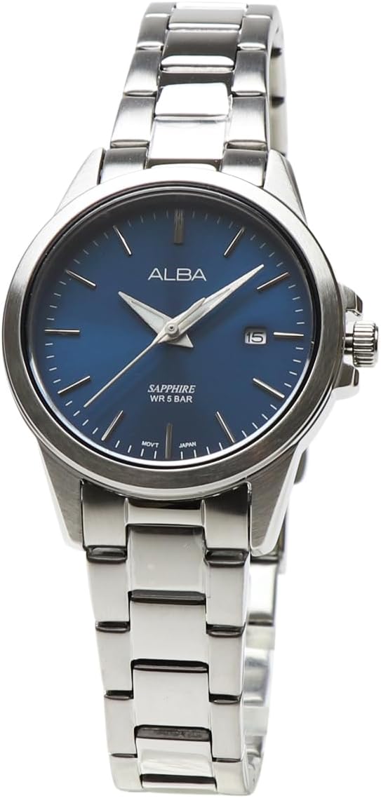 Seiko Alba Quartz AH7S49X1 Women's Navy Silver Stainless Steel Business Analog Date Calendar Watch Women's Simple Bracelet, navy, Bracelet Type