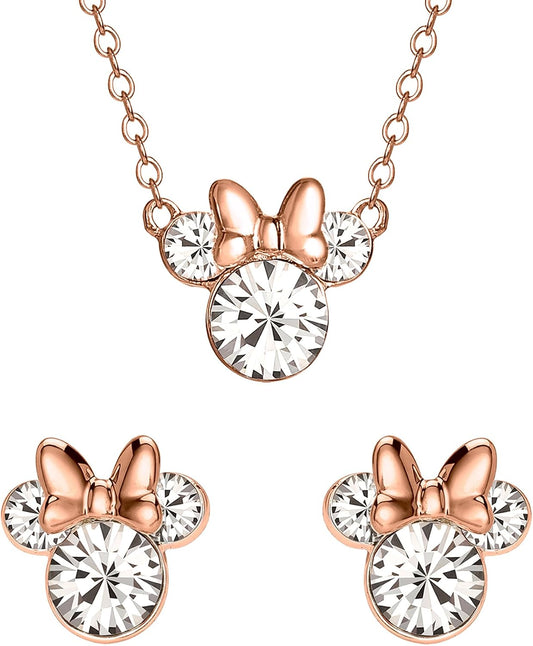 Disney Minnie Women's Pale Gold Plated Crystal Earrings and Pendant Set, One Size, Gold Plated, Not a Gemstone