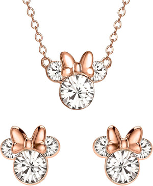 Disney Minnie Women's Pale Gold Plated Crystal Earrings and Pendant Set, One Size, Gold Plated, Not a Gemstone