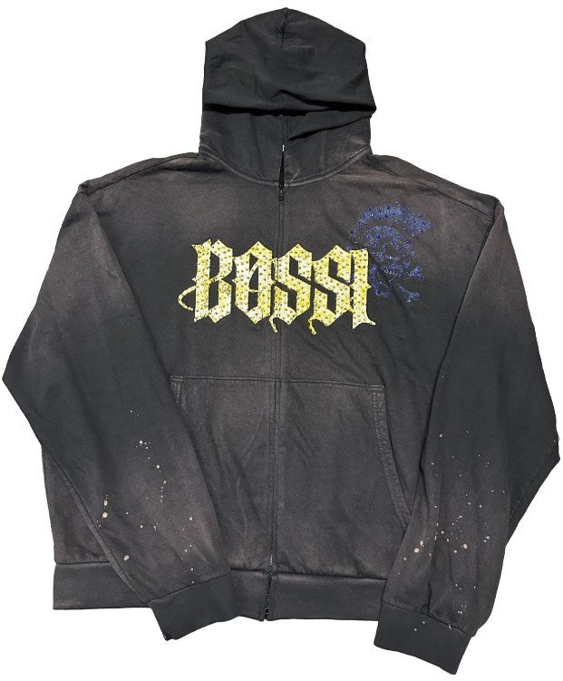 BOSSI 'MOHAWK BLUE SKULL' RHINESTONE ZIP-UP HOODIE
