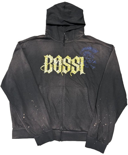 BOSSI 'MOHAWK BLUE SKULL' RHINESTONE ZIP-UP HOODIE