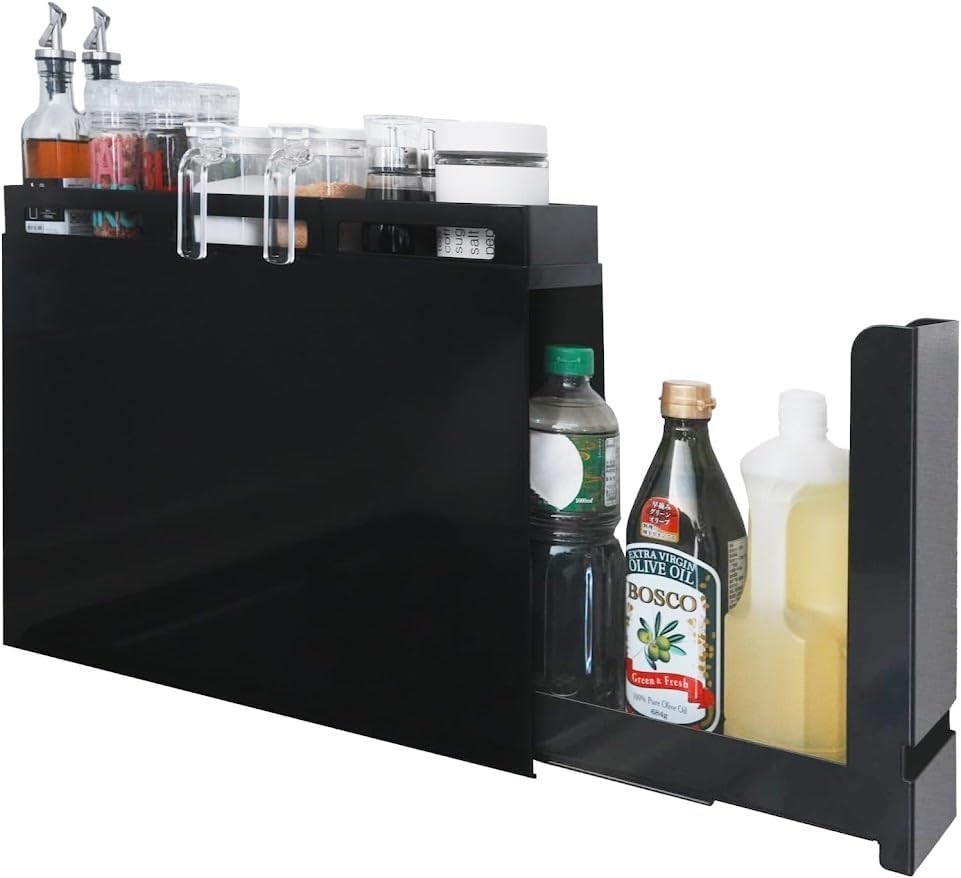Hidden Seasoning Rack, Stylish Seasoning Rack, Drawer Rack, Top Rack, Movable, Condiments, Spices, Bottles, Space Saving, Side to Stove, Over Sink, Large Capacity, Kitchen Storage (Black Rack)