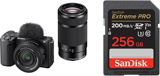 Sony Vlog Camera APS-C Mirrorless SLR Camera ZV-E10M2 Double Zoom Lens Kit with Windscreen Black ZV-E10M2X BQ + SanDisk SD Card 256GB SDXC Class 10 UHS-I V30 Read Up to 200MB San/s PRO SDXXD