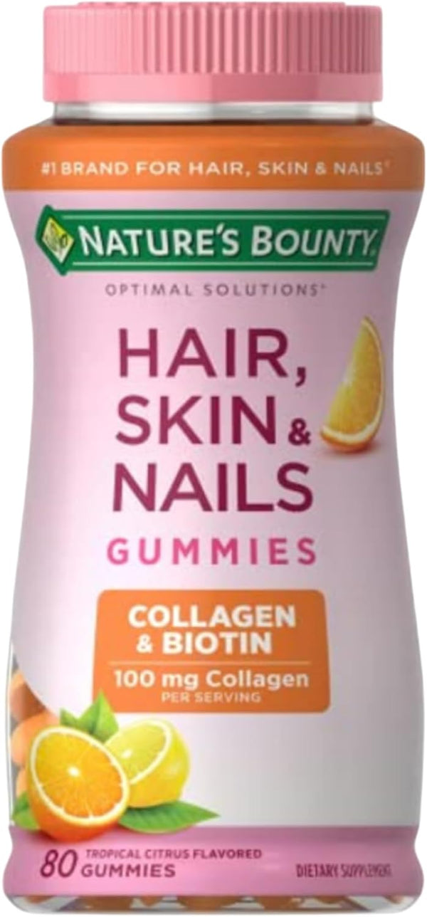 Nature's Bounty, Optimal Solutions, Biotin and Collagen Blend, Tropical Citrus Flavor, 80 Gummies