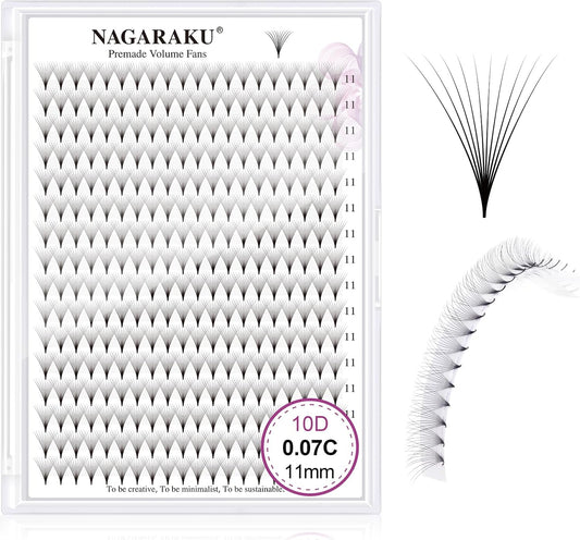 NAGARAKU 10D Volume 0.07mm C Curl 11mm Pre-made Fan Eyelash Extensions 320 Fan Narrow Cluster Thin Pointed Base Pre-Fan Fluffy Matte Black