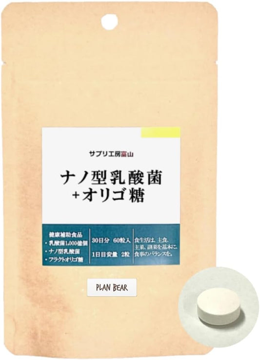 Lactic Acid Bacteria + Oligosaccharide Supplement (22 Types, Nano-type Lactobacillus 3 Trillion Tablets, Made in Japan, Approx. 1 Month Supply, 60 Tablets, Fructo-Oligosaccharide, Bifidobacteria
