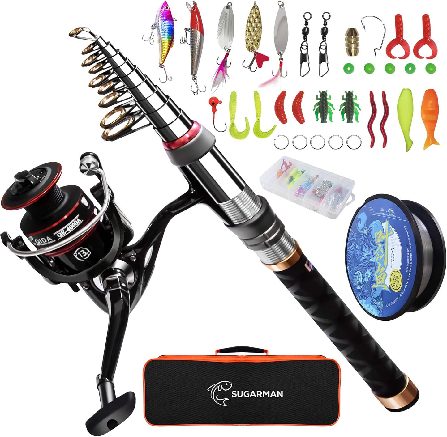 Sugargan Fishing Set, Fishing Rod, 6.9 ft (1.8 M/2.1 m), Carbon Telescopic Fishing Rod, Spinning Reel, Fishing Bait, Fishing Line Included, For Beginners, Hanging Rod Set, Storage Bag and Japanese