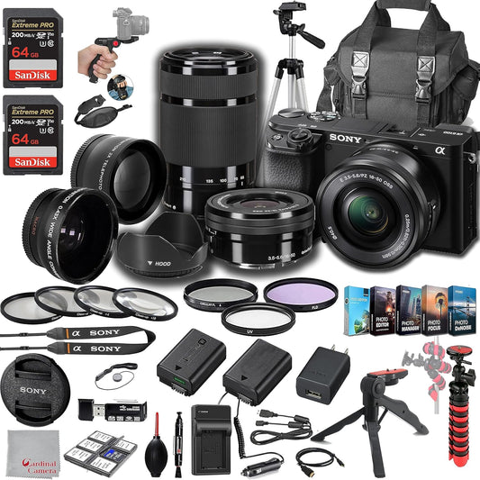 Sony a6100 ミラーレスカメラ 16-50mm + 55-210mmレンズ、128GB エクストリームスピードメモリ、.43広角&2Xレンズ、ケース、三脚、フィルター、スペアバッテリー&充電器、編集ソフトウェアキット - デラックスバンドル