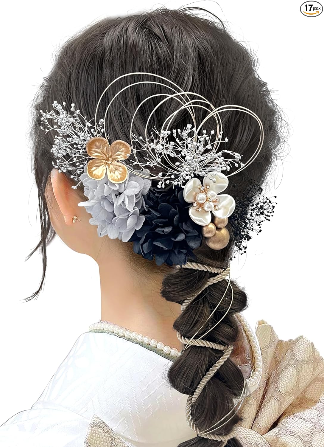 JZOON Hair Ornament, Popular, Set, Hair Accessories, Hair Arrangement, Dried Flowers, Kimono, Traditional Wear, Yukata, Coming-of-Age, Wedding, Graduation Ceremony, Shichi-Go-San, Festival, Ponytail