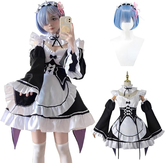 Kamibi Ryohin Re:0 from Starting Life in Another World Cosplay with Wig Rem Ram Emilia Tsukino Subaru Cosplay Maid Outfit Re:Zero Cosplay Costume Adult Costume
