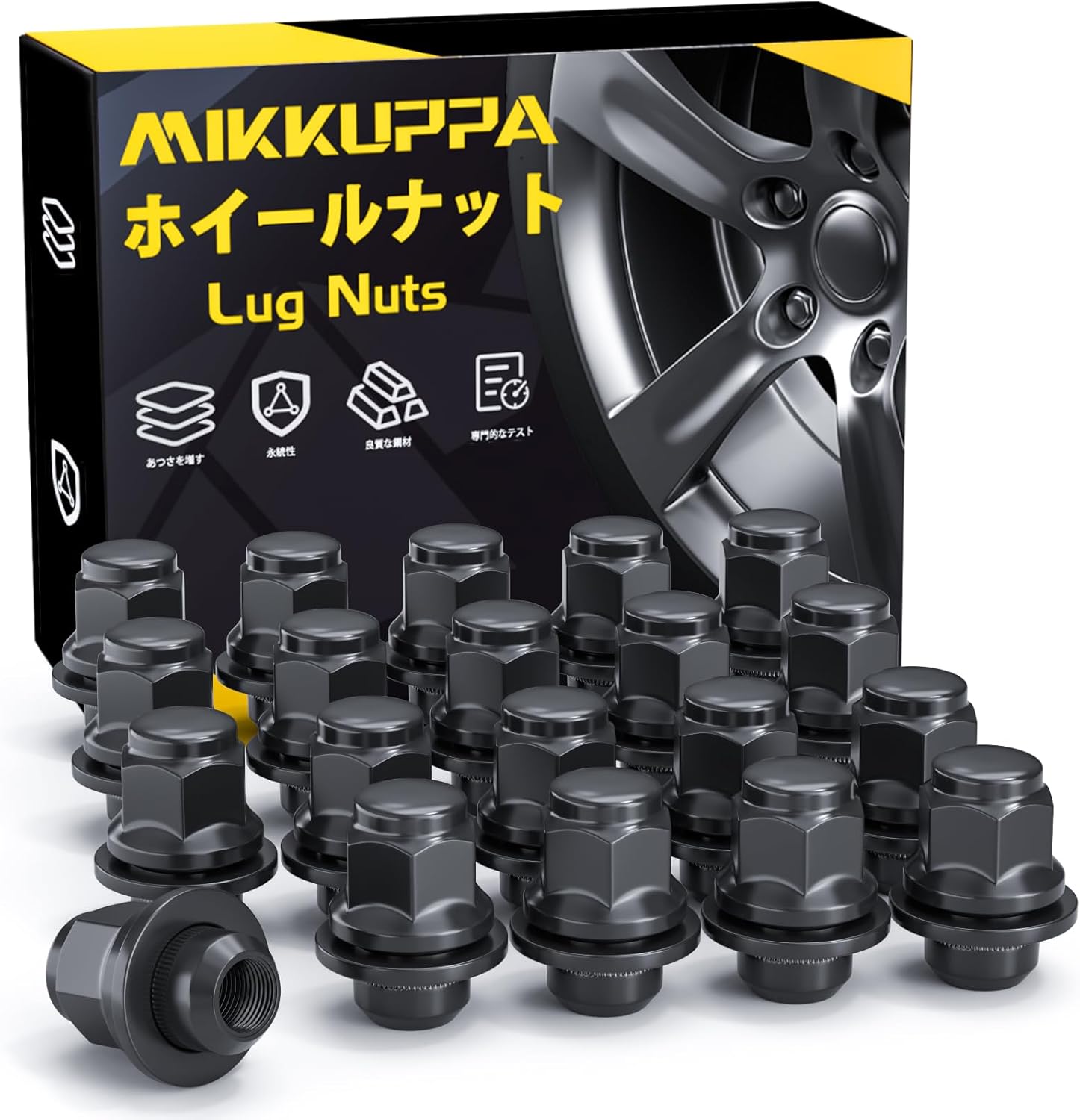 MIKKUPPA Genuine Toyota Wheel Nuts M12 x P1.5 Flat Seat Nuts 21 HEX Length 37 mm Set of 20 90 Degree Black Lug Nuts