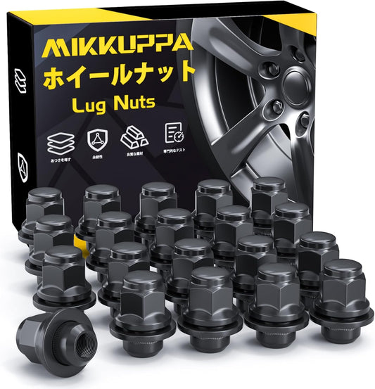 MIKKUPPA Genuine Toyota Wheel Nuts M12 x P1.5 Flat Seat Nuts 21 HEX Length 37 mm Set of 20 90 Degree Black Lug Nuts