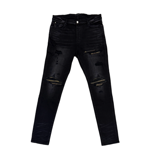 AMIRI 'AGED BLACK CAMO PATCH MX1' JEANS