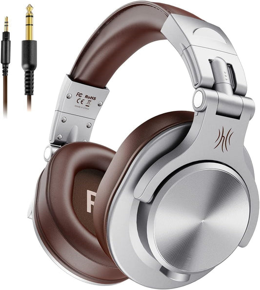 OneOdio Wired Headphones Hi-Res Earphones Inline Microphone Monitor For DJ Use Sealed Type Dual-Hole Connection Instrument Practice Home Recording DTM A71 Brown