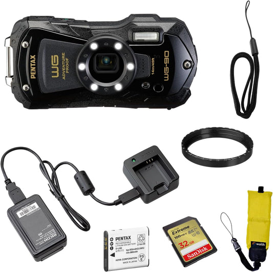 Pentax WG-90 防水デジタルカメラ(ブラック) | 2.7インチLCDモニター 32GB Extreme UHS-I SDHCメモリーカードとWaith Cameraストラップ付き(イエロー)(必須バンドル)