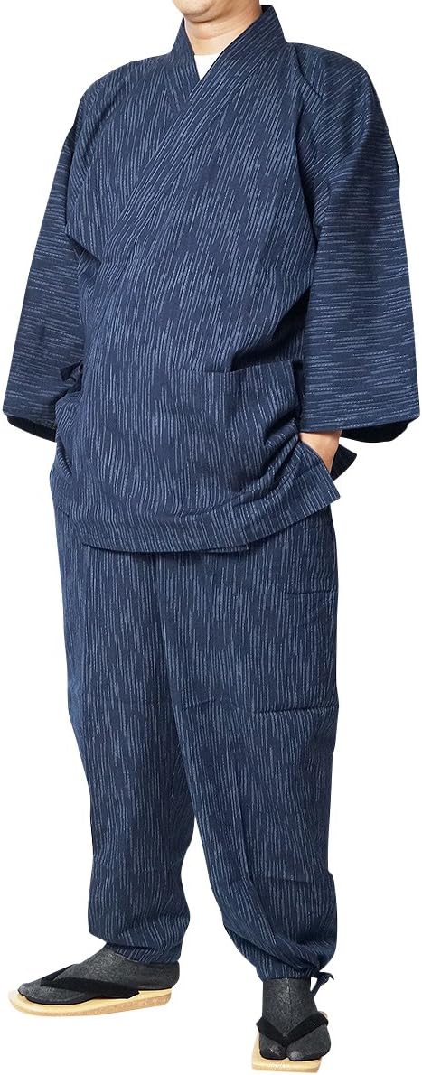 [作務衣と和専門店　職人の技ひめか] 作務衣 日本製 久留米絣織作務衣(さむえ） 縞柄3771（紺・茶・緑）Ｓ～3Ｌ