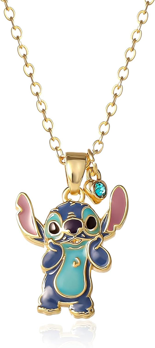 Disney Stitch Necklace in 18kt Gold Plated Brass and Coloured Enamel Length 47 cm for Women and Girls, Ready to Give, Official Disney Jewellery