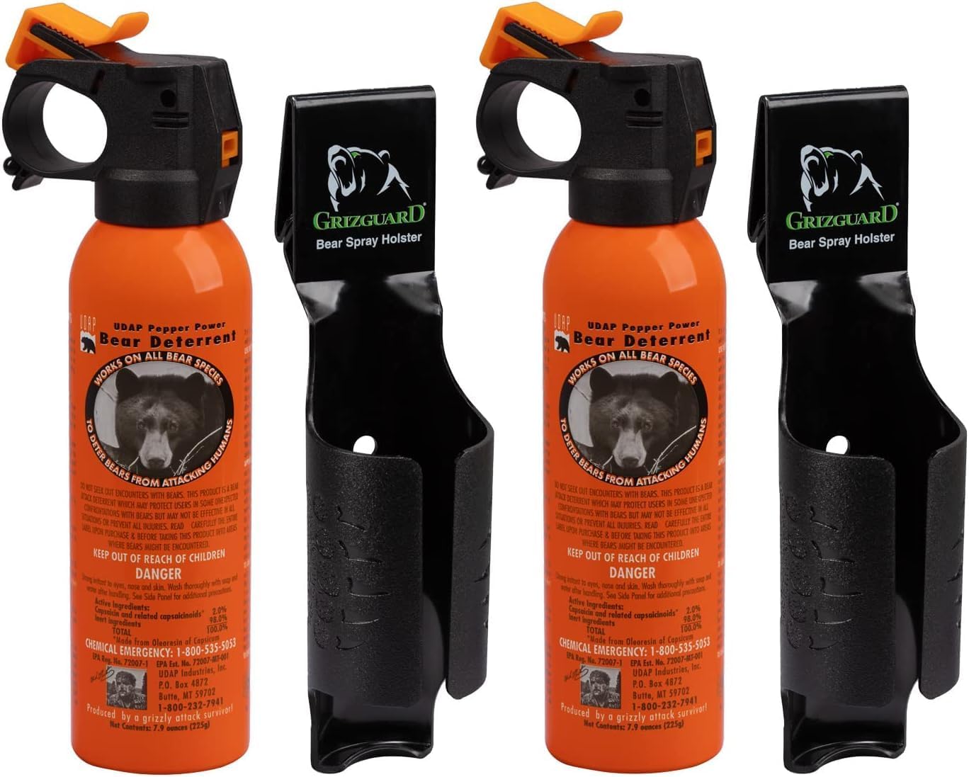 UDAP Pepper Power Bear Spray Self Defense Deterrent with Griz Guard Holster for Camping, 2-Pack Set, Compatible with All Bear Species, Officially Imported Product, Adopted by the U.S. Forest Service