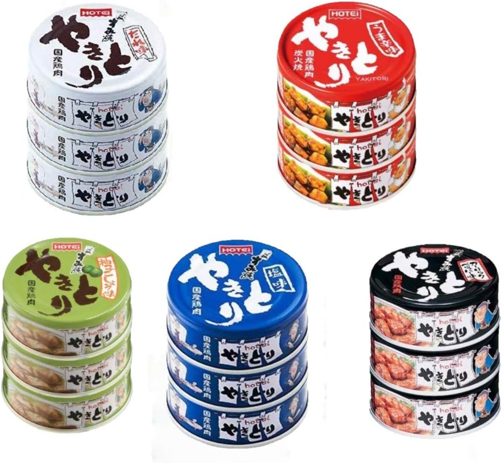 Hiroshimaya Hotei Hotei Foods Yakitori Canned Set, 15 Cans with Spicy Flavor, Sauce Flavor, Salt Flavor, Yuzu Pepper Flavor, Garlic Pepper Flavor, and Spicy Flavor