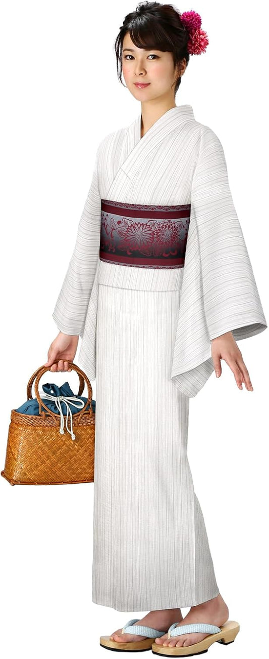 Kimonoya Sarasa, Cotton Material, Shijira Weave Tailored Yukata, Single Item, One Size Fits Most, Shijira Yukata, White Striped, Plain Black Ta-4