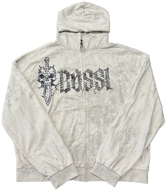 BOSSI 'BLUE SKULL DAGGER' WHITE ZIP-UP HOODIE