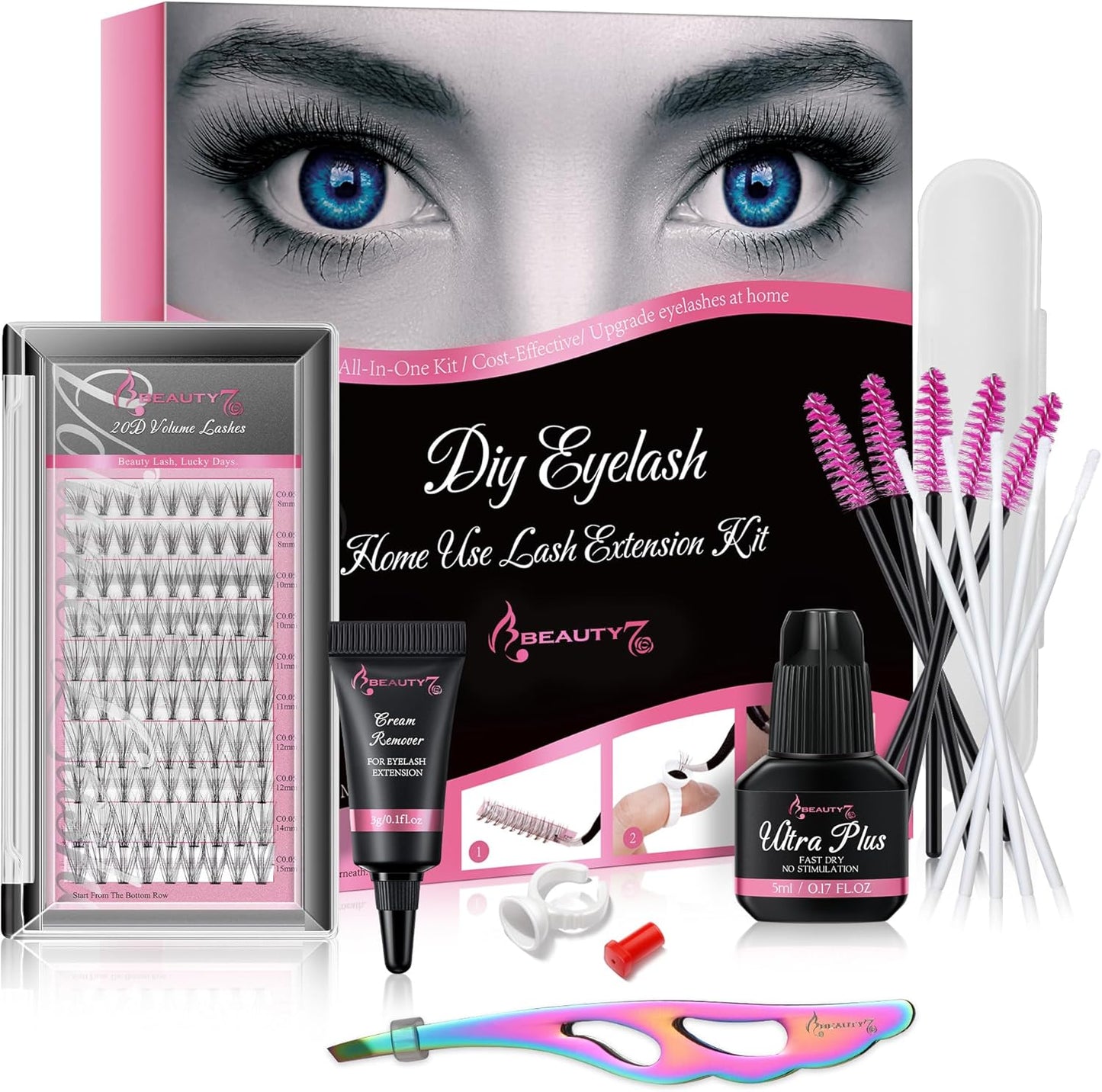 Beauty7 Self Matsueku Kit, Eyelash Extensions Set, Complete Kit, 20D, 20 Bundles, C Curl, Volume Rush, Mixed Length, Non-irritating, Glue, Cream Remover, Quick Dry Type, Eyelash Eck, Curved Tweezer,