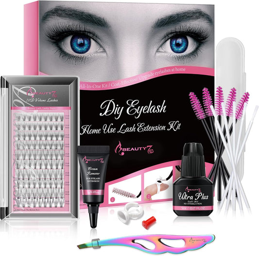 Beauty7 Self Matsueku Kit, Eyelash Extensions Set, Complete Kit, 20D, 20 Bundles, C Curl, Volume Rush, Mixed Length, Non-irritating, Glue, Cream Remover, Quick Dry Type, Eyelash Eck, Curved Tweezer,