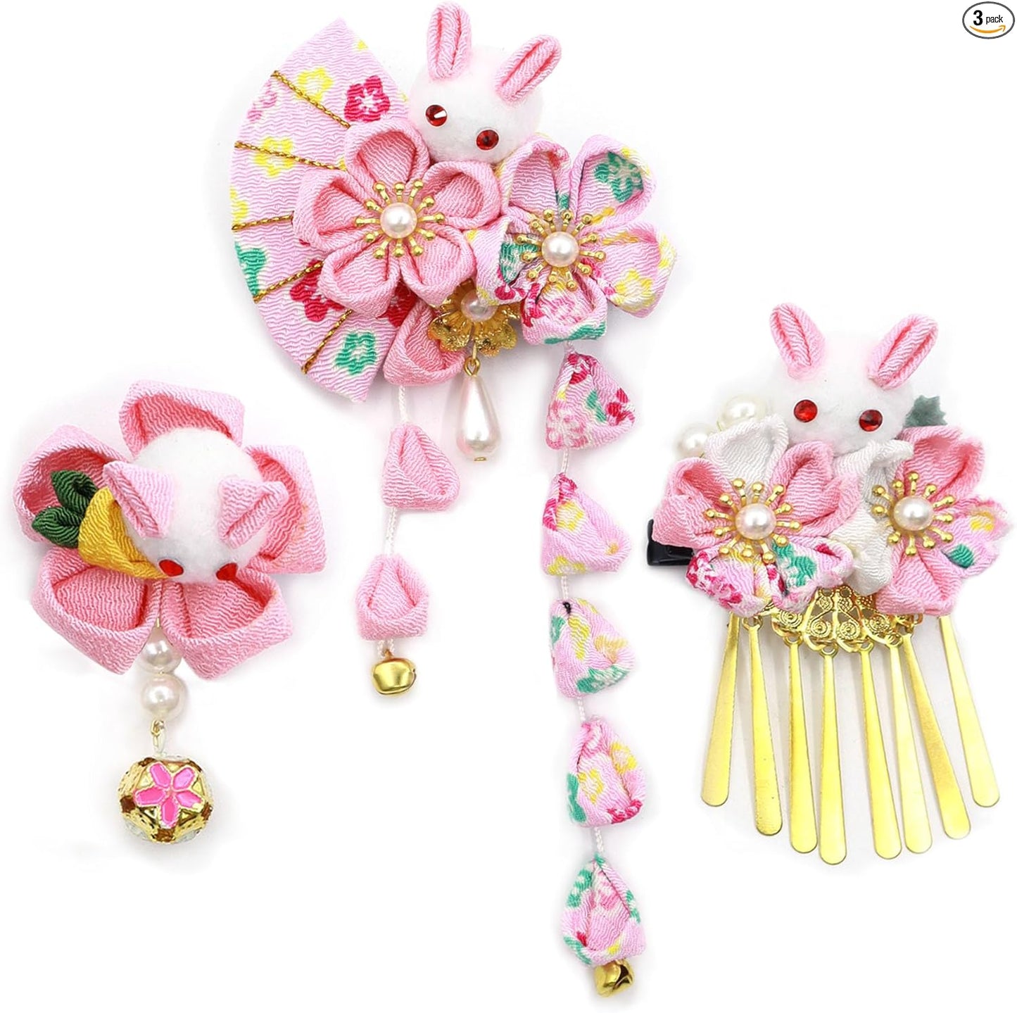 JZOON Hair Ornament, 3-piece Set, Coming-of-Age Ceremony, Yukata, Hakama, Kimono, Furisode, Kimono, Kimono, Knob-making, Flowers, Graduation Ceremony, Wedding, Popular, Kimono, Hair Accessories, Hair