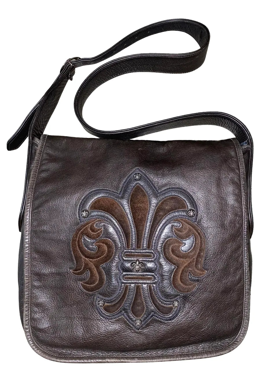 CHROME HEARTS 'FLEUR DE LIS' BROWN LEATHER MESSENGER BAG