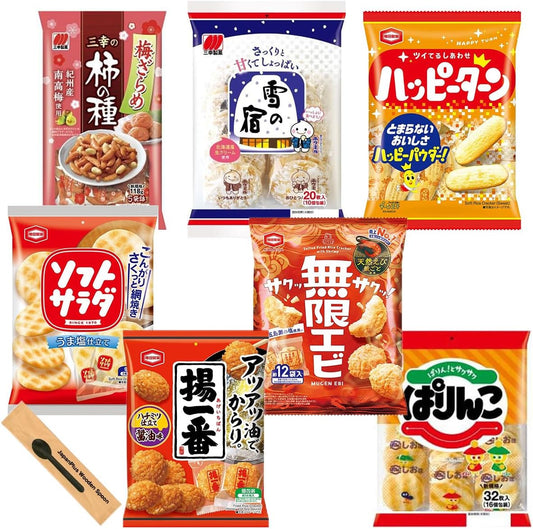 Assorted Snacks, Set of 7 Popular Types (Happy Turn, Infinite Shrimp, Snowy House, Persimmon Seeds, Plum Blossoms, Soft Salad, Fried Ichiban), Japan Plus Wooden Spoon Included