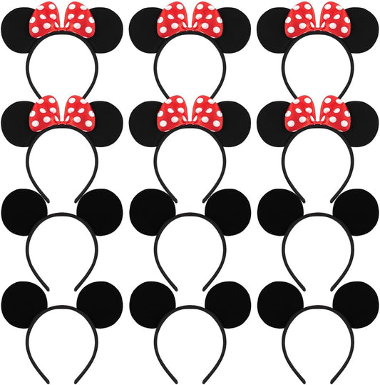 Meleager 12 x Cartoon Mouse Ear Headbands, Hair Accessories for Children and Adults for Birthday Parties, Christmas, Carnival, Halloween, as Gifts