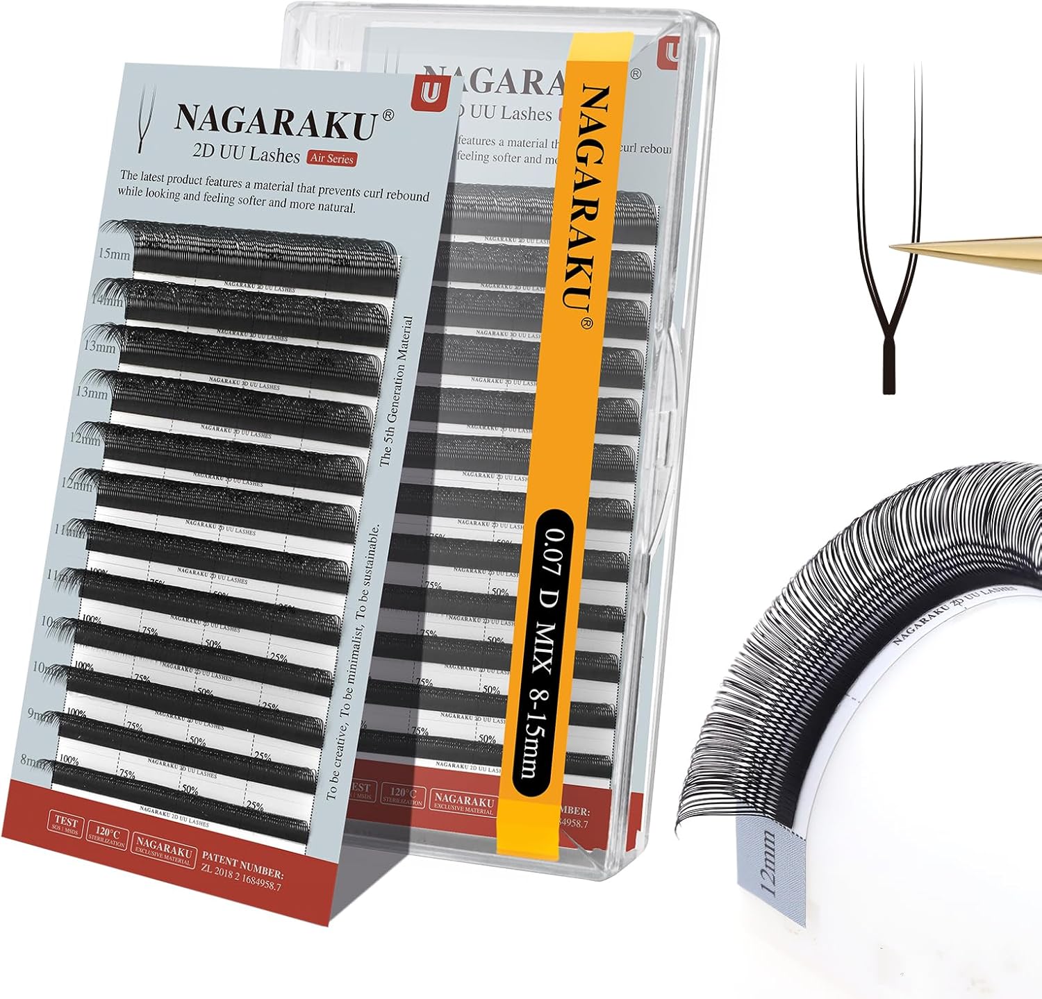 NAGARAKU Eyelash Extension, U-Shaped Mazek, 4D Lash, 0.07 mm, D Curl, Length 0.3 - 0.6 inches (8 - 15 mm), Black, 12 Rows, Natural, Lightweight, Extra Fine