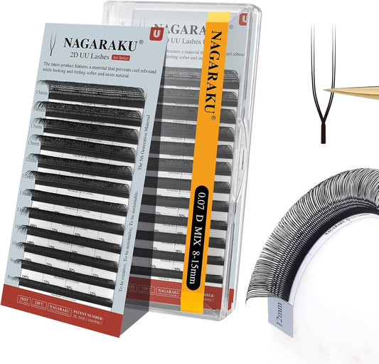 NAGARAKU Eyelash Extension, U-Shaped Mazek, 4D Lash, 0.07 mm, D Curl, Length 0.3 - 0.6 inches (8 - 15 mm), Black, 12 Rows, Natural, Lightweight, Extra Fine