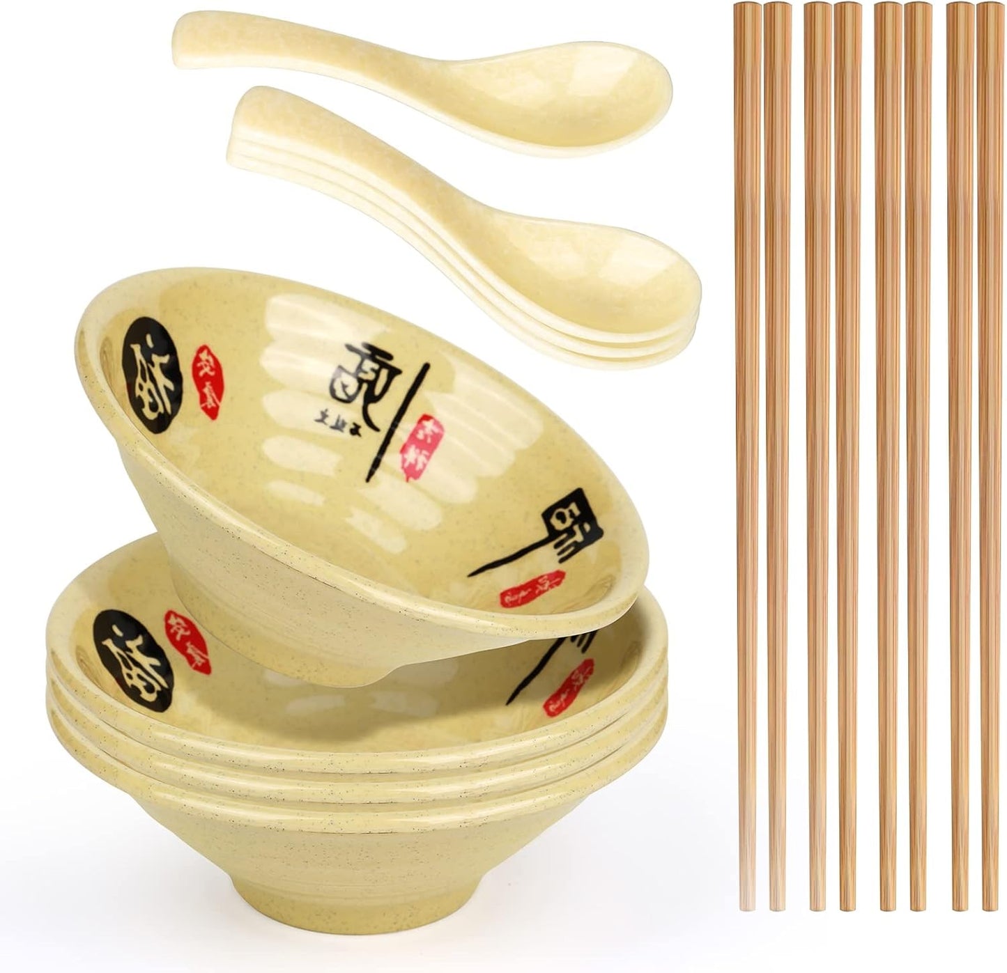 Melamine Ramen Bowl Chinese Japanese Style Soup Bowl Ramen Japanese Ramen Bowl, Instant Ramen Bowl, For Udon, Soba, Fo, Noodles, Breakfast, Melamine Material, Soup Bowl, Ramen, Asian Cooking (Color: A-4 sets/beige, Size: 9 inches)